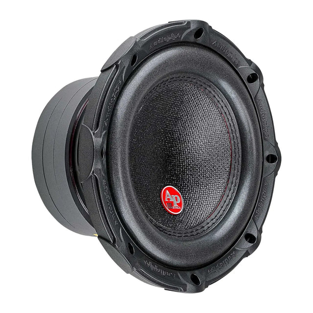Angled front view of an Audiopipe subwoofer with small red AP badge and stacked magnet