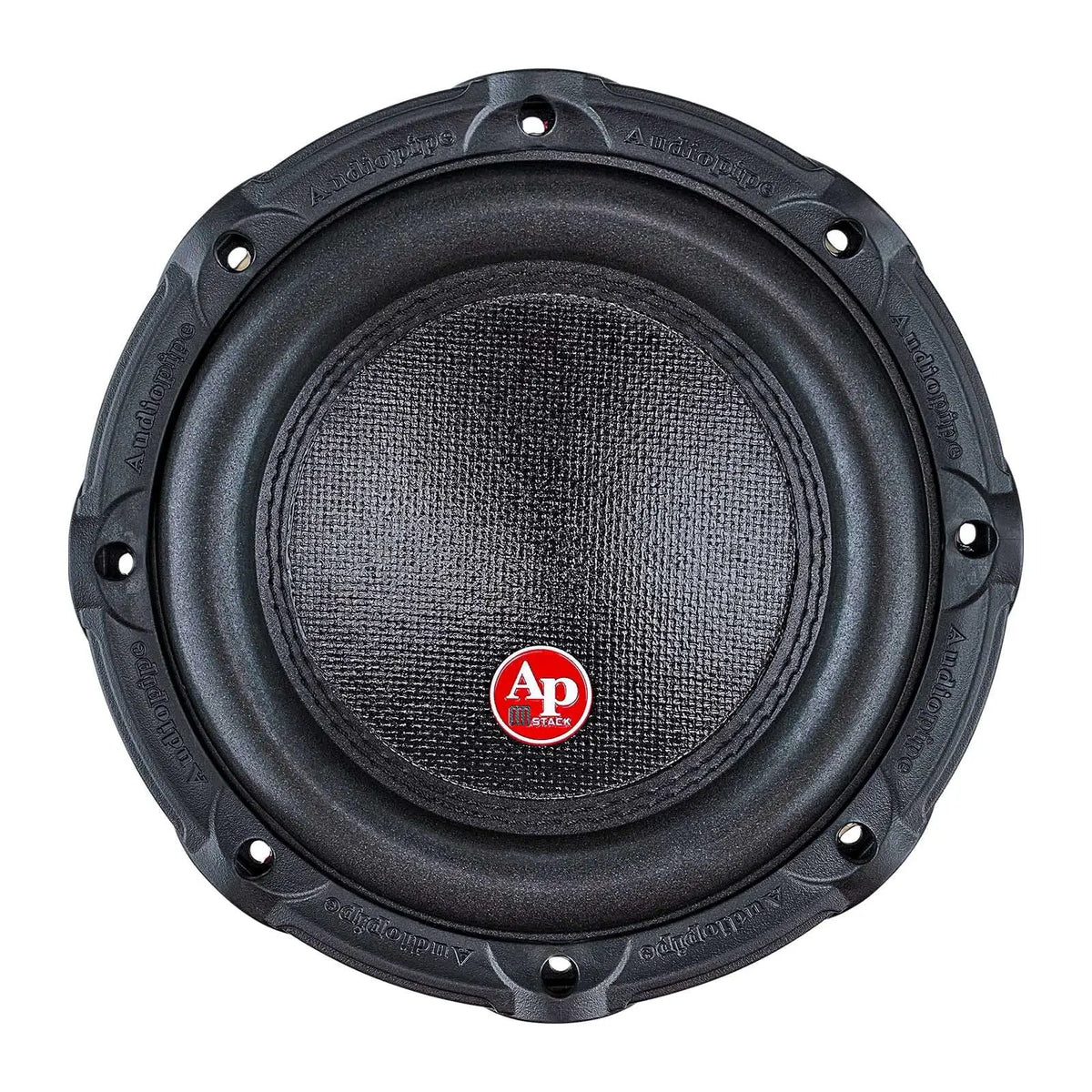 Front view of an Audiopipe subwoofer with textured black cone and small red AP badge