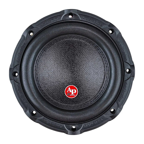Front view of an Audiopipe subwoofer with textured black cone and small red AP badge