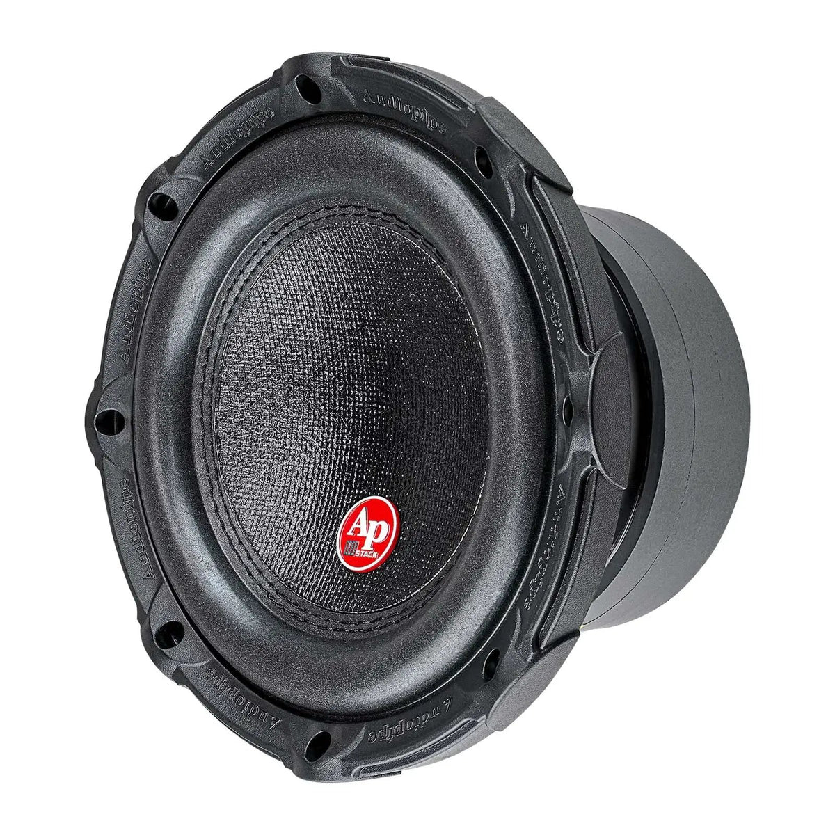 Audiopipe subwoofer with a black cone and red badge, angled view