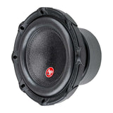 Audiopipe subwoofer with a black cone and red badge, angled view