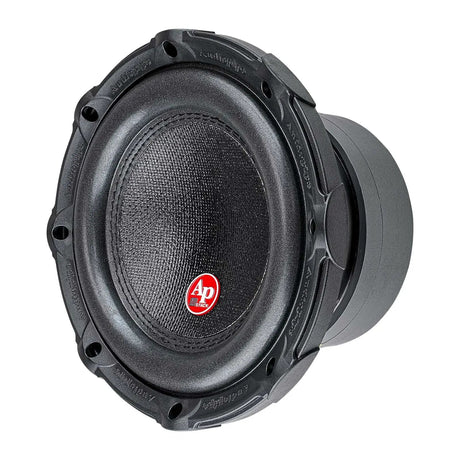 Audiopipe subwoofer with a black cone and red badge, angled view