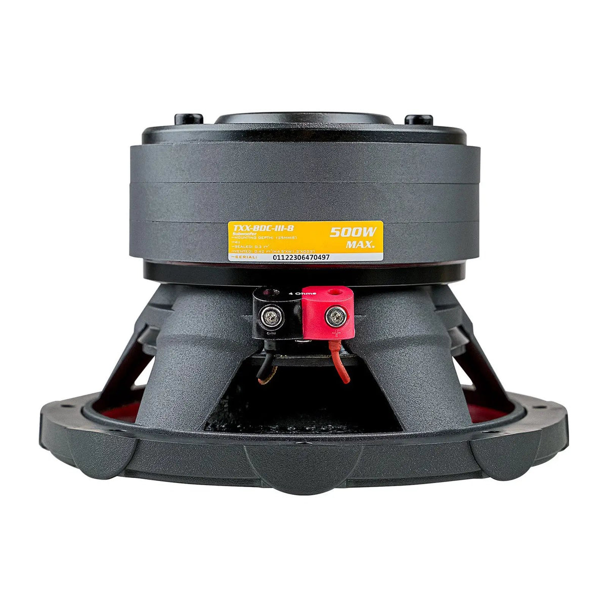 Inverted Audiopipe subwoofer showing its stacked magnets, yellow label and red terminal
