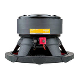 Inverted Audiopipe subwoofer showing its stacked magnets, yellow label and red terminal