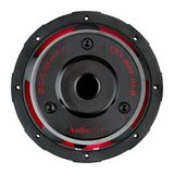 Rear view of an Audiopipe subwoofer showing the labeled magnet base and central vent