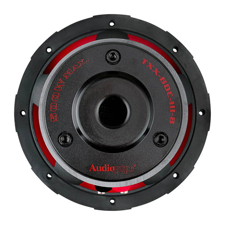 Rear view of an Audiopipe subwoofer showing the labeled magnet base and central vent