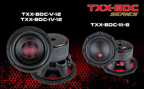 Audiopipe TXX-BDC series banner comparing V-12, IV-12 and III-8 subwoofer views