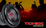 Audiopipe TXX-BDC series promotional graphic with a subwoofer over dancing silhouettes