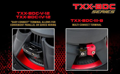 Audiopipe terminal comparison showing series or parallel easy-connect wiring and the TXX-BDC-III-8 multi-connect terminal