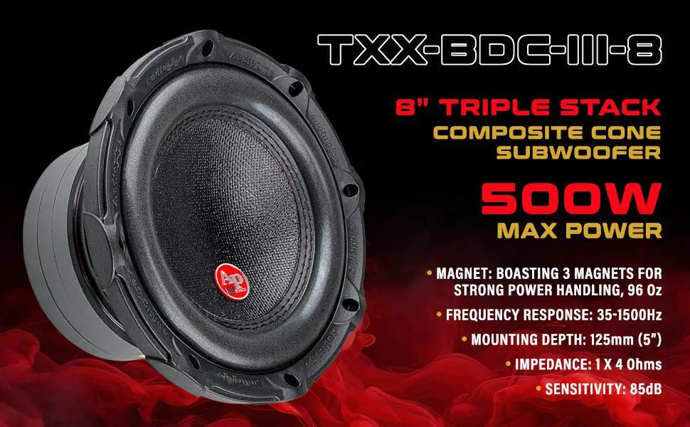 Audiopipe TXX-BDC-III-8 graphic showing an 8-inch triple-stack subwoofer rated at 500W maximum and 4 ohms