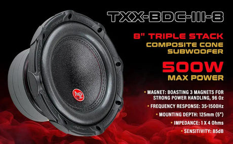 Audiopipe TXX-BDC-III-8 graphic showing an 8-inch triple-stack subwoofer rated at 500W maximum and 4 ohms