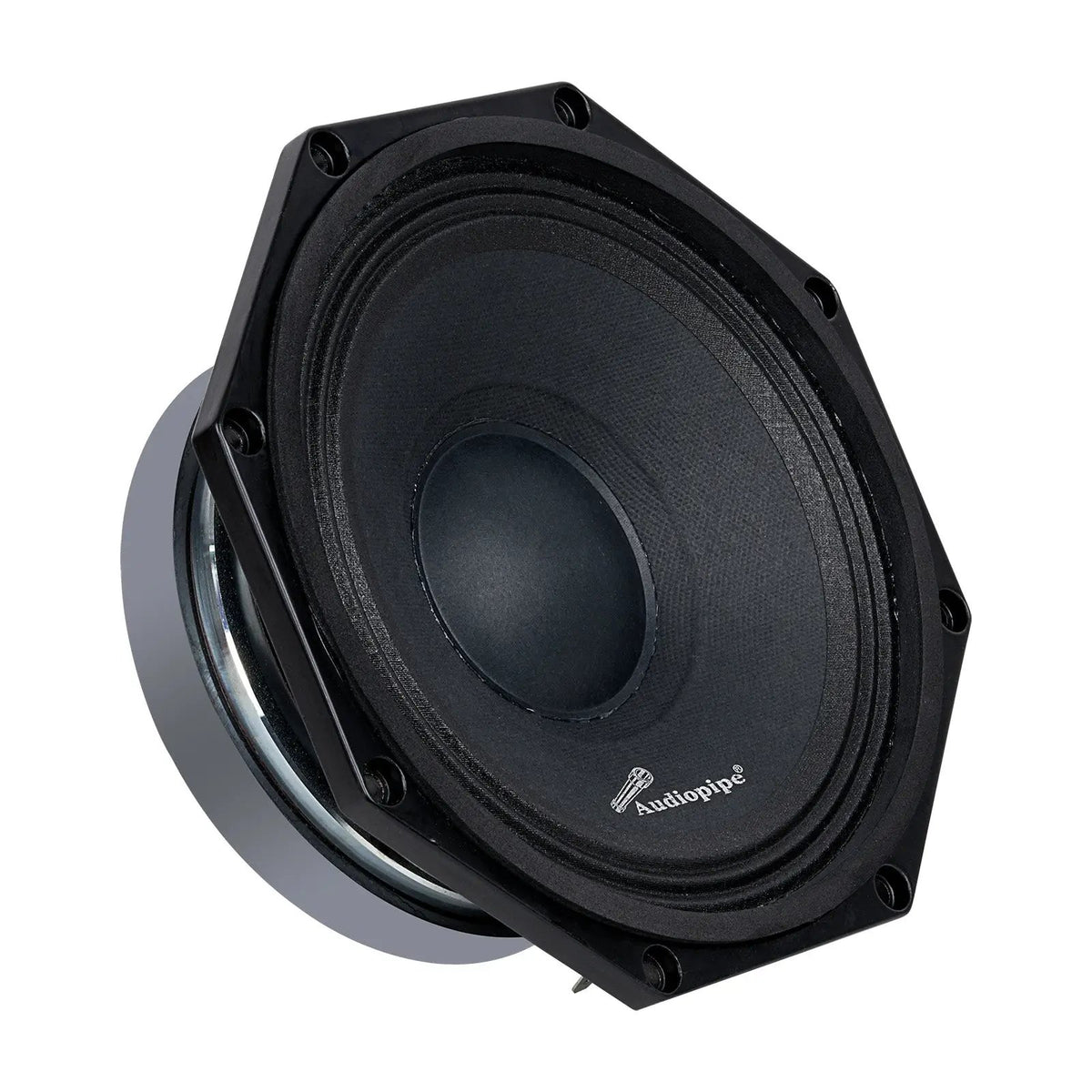 Angled Audiopipe speaker with a black cone, domed center and polygonal mounting rim