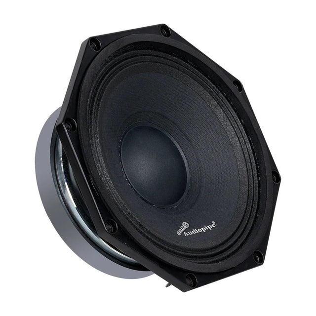 Angled Audiopipe speaker with a black cone, domed center and polygonal mounting rim