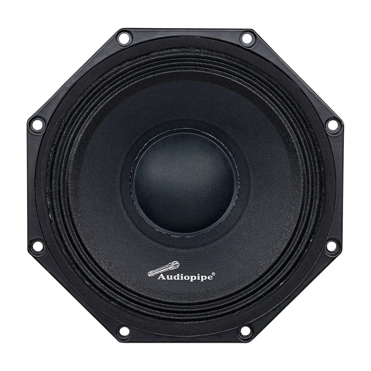 Front view of a black Audiopipe speaker with an octagonal mounting rim and domed dust cap