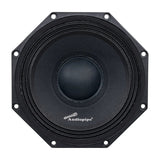 Front view of a black Audiopipe speaker with an octagonal mounting rim and domed dust cap