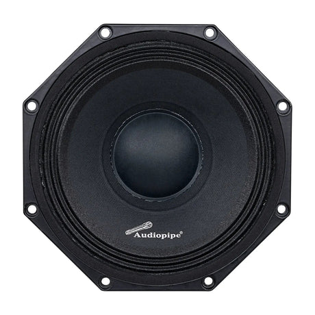 Front view of a black Audiopipe speaker with an octagonal mounting rim and domed dust cap