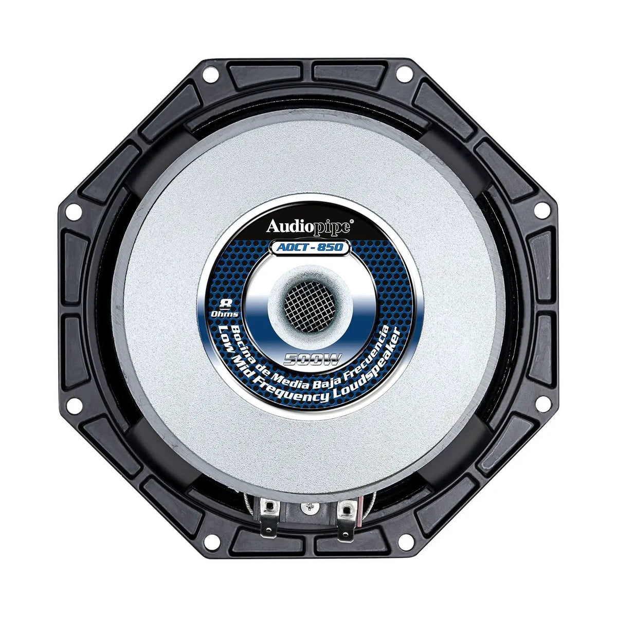 Rear view of an Audiopipe AOCT-850 speaker with a central mesh vent and 500W, 8-ohm label