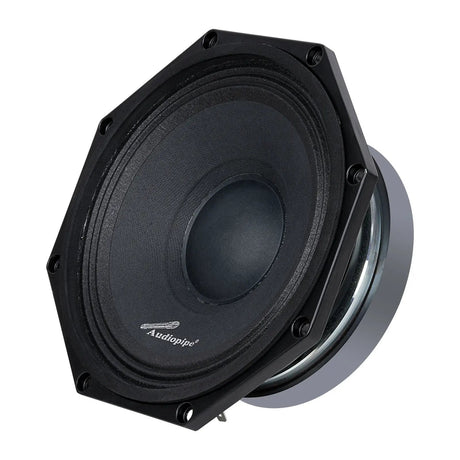 Opposite angled view of a black Audiopipe speaker with a polygonal mounting rim and gray rear magnet