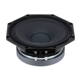 Angled front view of a black speaker with an octagonal rim, domed dust cap and two spade terminals