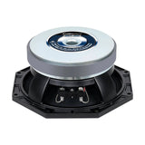 Rear angled view of a black speaker with an octagonal rim, silver magnet and two spade terminals