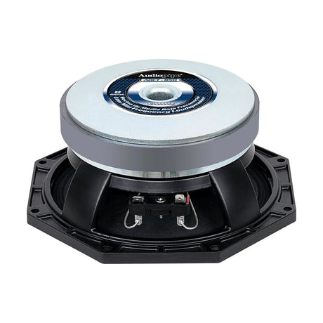 Rear angled view of a black speaker with an octagonal rim, silver magnet and two spade terminals