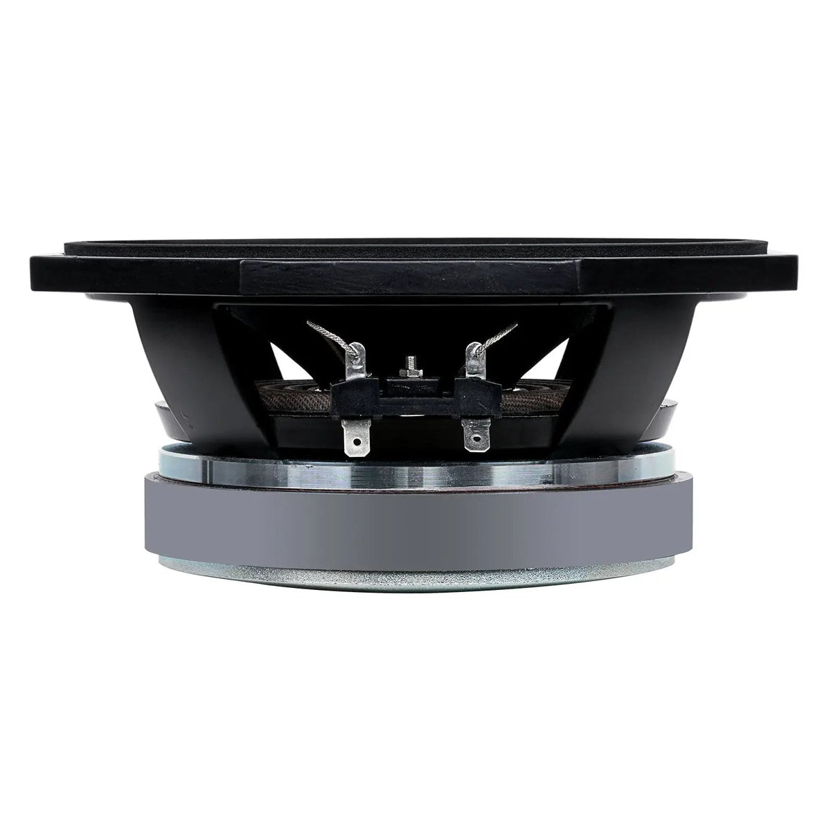 Side view of a black speaker with an octagonal rim, silver magnet and two spade terminals
