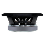 Side view of a black speaker with an octagonal rim, silver magnet and two spade terminals