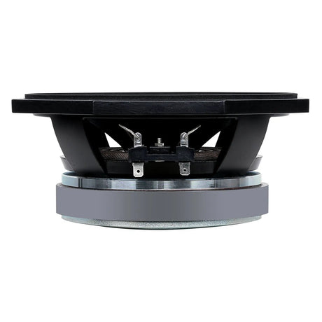 Side view of a black speaker with an octagonal rim, silver magnet and two spade terminals