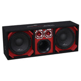 Angled view of a black enclosure with red trim, two speakers, two silver tweeters and a central round port