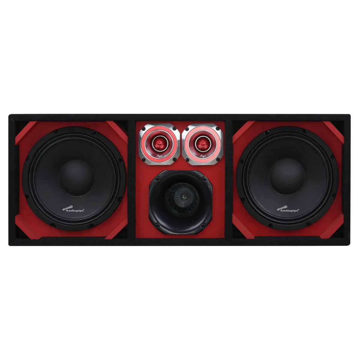 Front view of a black enclosure with red trim, two speakers, two silver tweeters and a central round port