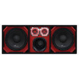 Front view of a black enclosure with red trim, two speakers, two silver tweeters and a central round port