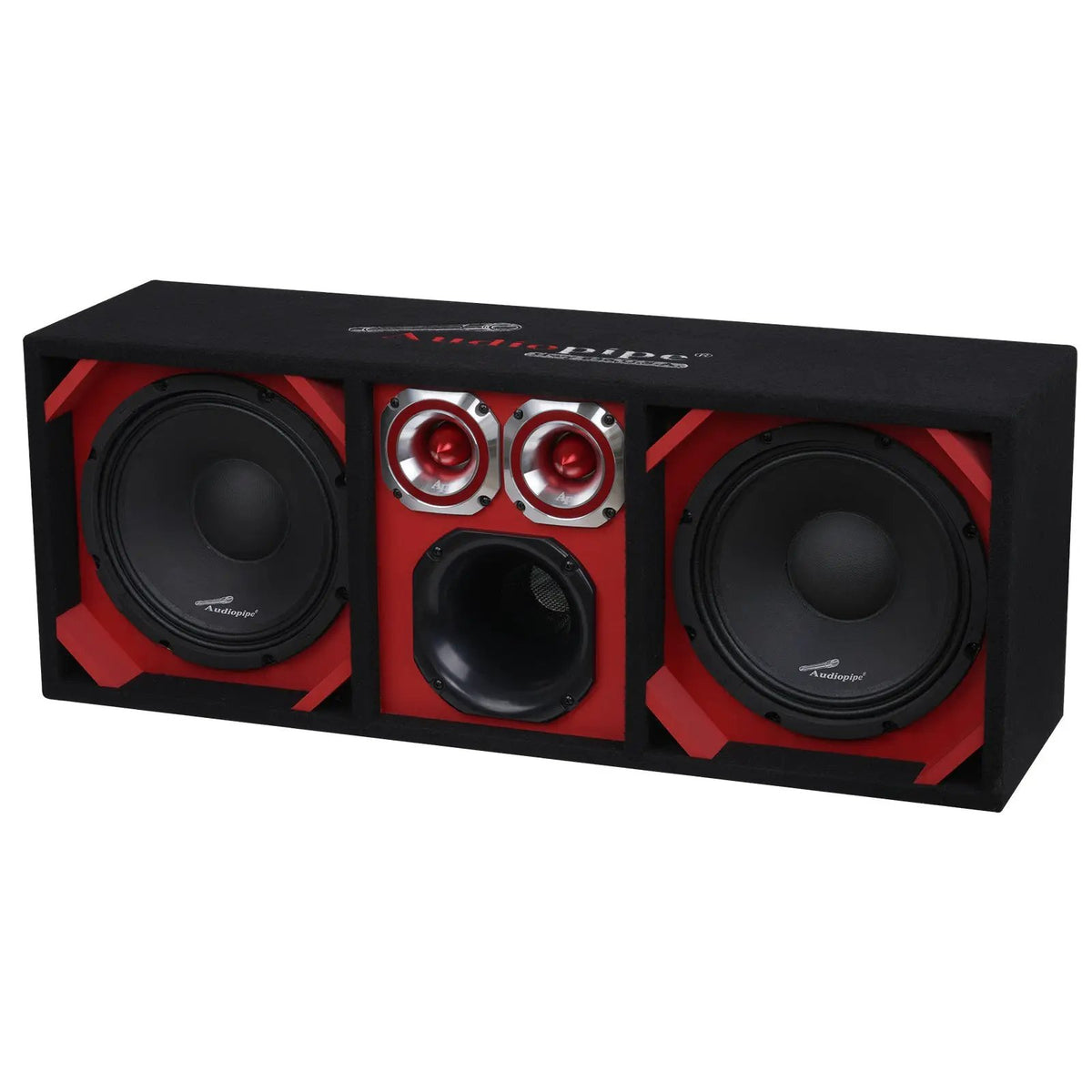 Opposite angled view of a black enclosure with red trim, two speakers, two tweeters and a central port