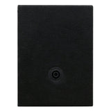 Side of a black-carpeted enclosure with a single round connector socket