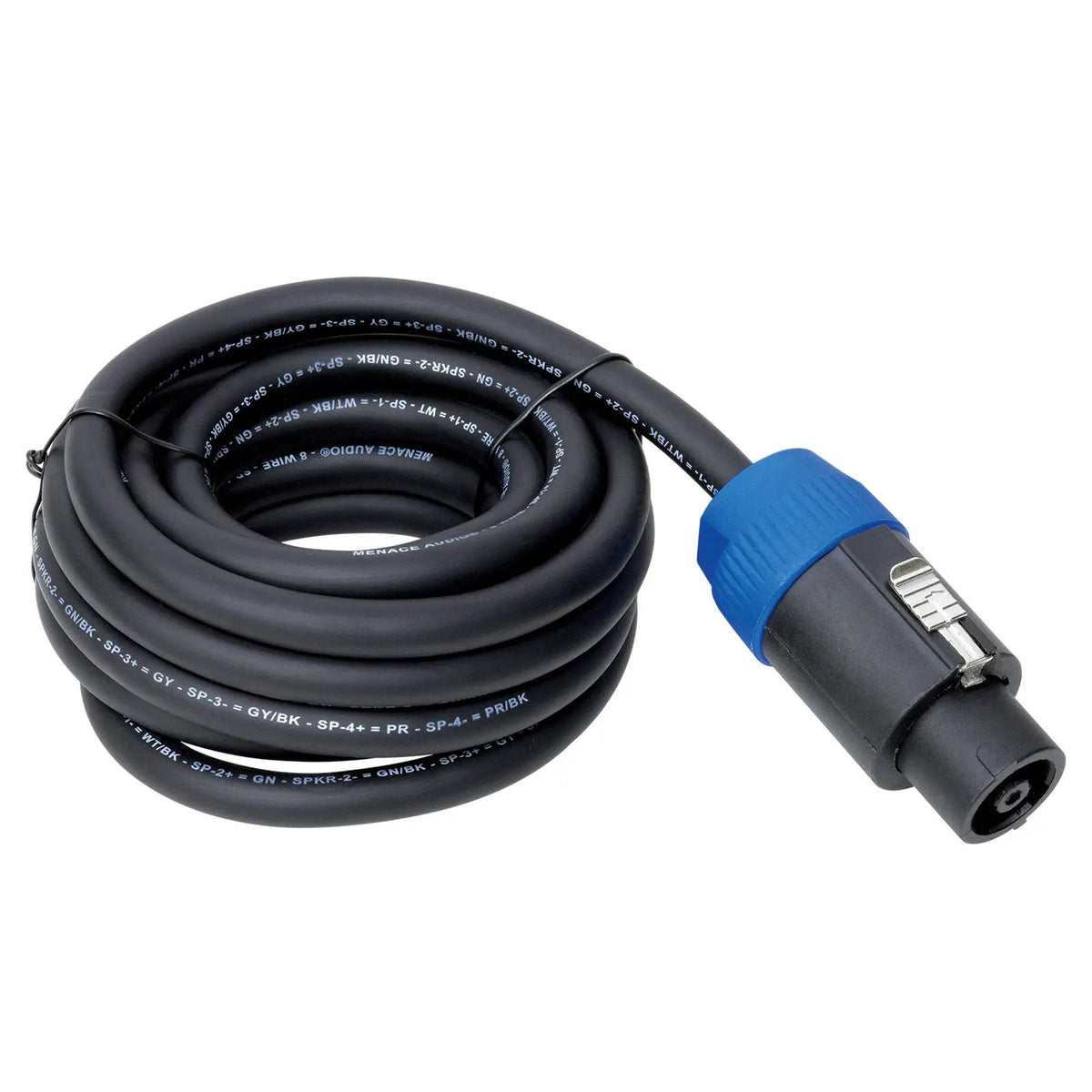 Coiled black speaker cable with a blue-collared locking connector