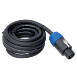 Coiled black speaker cable with a blue-collared locking connector