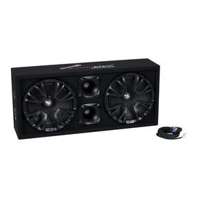 Black Audiopipe enclosure with two grilled speakers, two central horns and a cable placed beside it