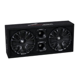 Black carpeted speaker enclosure containing two grille-covered speakers and two vertically stacked horns