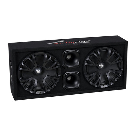 Black carpeted speaker enclosure containing two grille-covered speakers and two vertically stacked horns