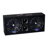Audiopipe enclosure with two guarded woofers, blue illumination and two center horns