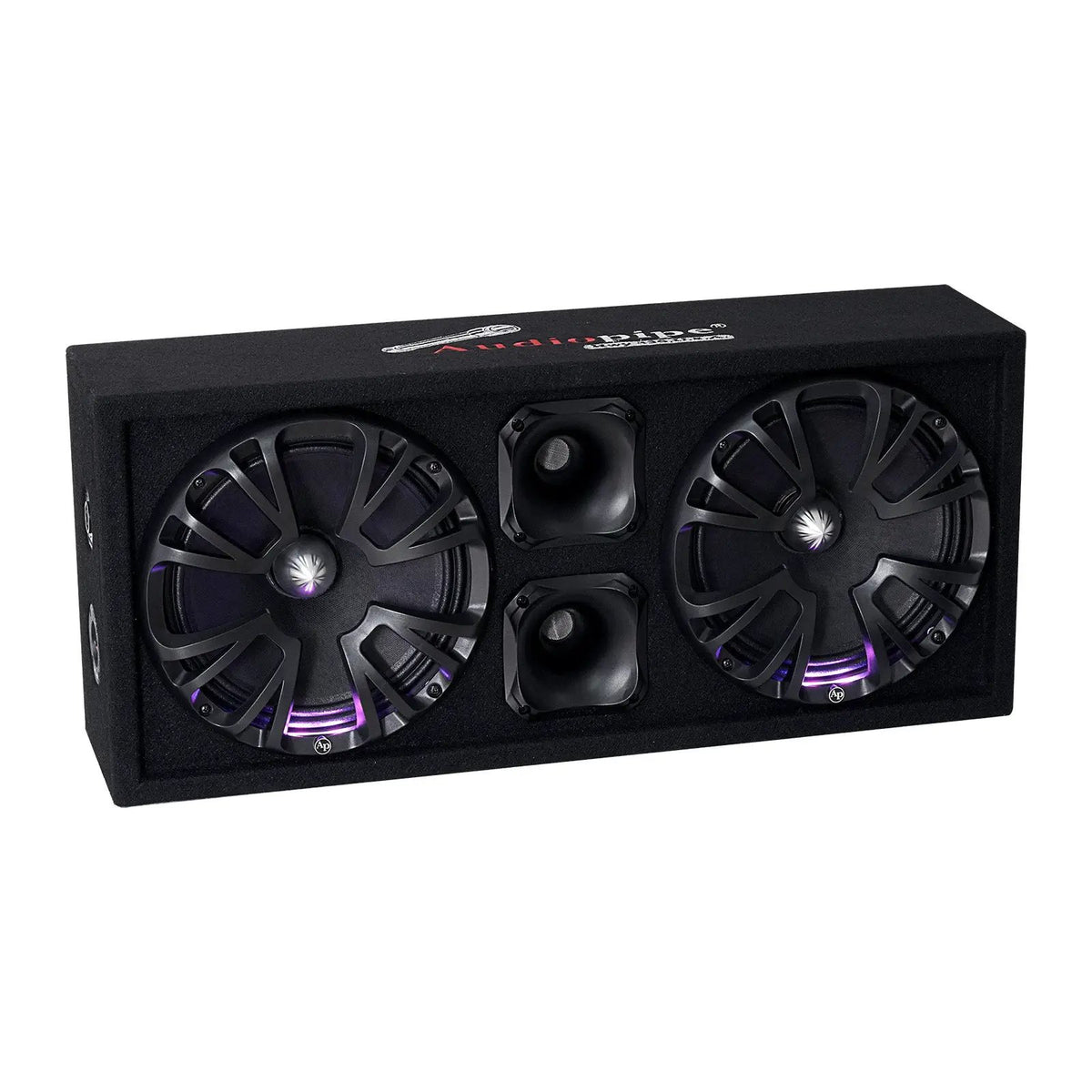 Audiopipe speaker enclosure with two large drivers, two central horns and purple accent lighting