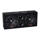 Audiopipe enclosure with two speakers illuminated red and two central horns