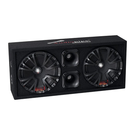 Audiopipe enclosure with two speakers illuminated red and two central horns