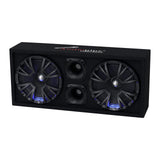 Audiopipe speaker enclosure with two large drivers, two central horns and blue accent lighting