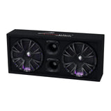 Audiopipe enclosure with two speakers illuminated purple and two central horns