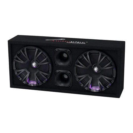 Audiopipe enclosure with two speakers illuminated purple and two central horns