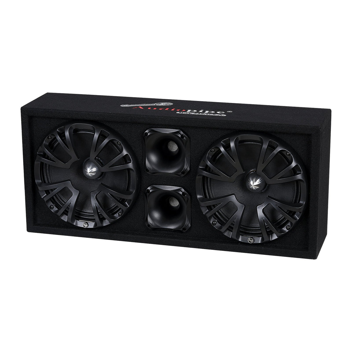 Angled view of a black Audiopipe enclosure with two grilled speakers and two horns between them