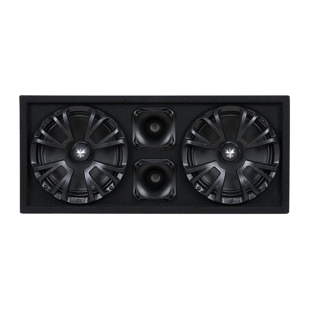 Front view of a black Audiopipe enclosure with two grilled speakers and two central horns