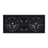 Front view of a black Audiopipe enclosure with two grilled speakers and two central horns