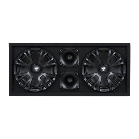 Front view of a black Audiopipe enclosure with two grilled speakers and two central horns