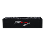 Top-edge view of an Audiopipe speaker enclosure showing its logo and protruding speaker grilles